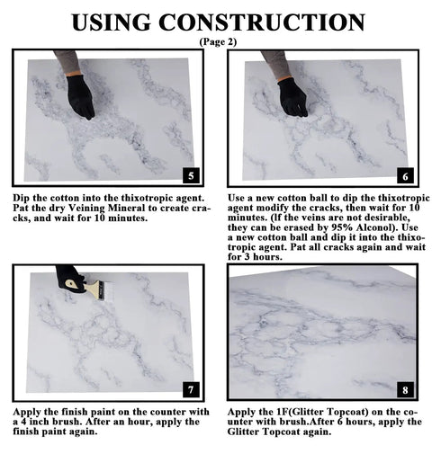 Instruction guide for applying White Marble Countertop Paint Kit for Kitchen and Bathroom with step-by-step illustrations.