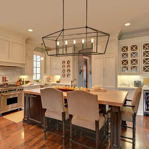 Black Farmhouse Chandelier With Five Lights For Kitchen Island And Dining Room Industrial Height Adjustable Hanging Pendant Lights Metal E12 Rustic Fixture For Dining Area No Bulbs Included Industrial Chic Vibe over kitchen island
