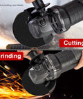 Brushless Cordless Angle Grinder in action showing cutting and grinding modes, with 100mm disc and ergonomic grip.