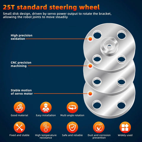Illustration of Twenty Piece Aluminum Servo Horn Set 25T Silver Servo Discs CNC machined for robot arm claw, RC car, helicopter use.