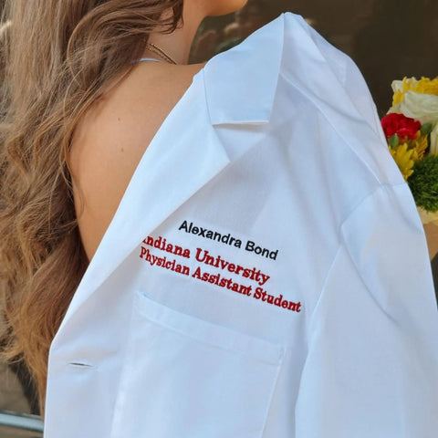 Personalized Embroidered Lab Coat For Men And Women With Your Name Custom Text In Colorful Fonts White Lab Coat Gift For Doctors Scientists And Students Dope Look Professional Fit Clear Preview Included, showing embroidered name and title on shoulder