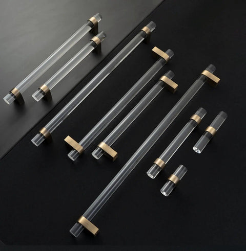 Set of modern acrylic brass cabinet pulls and Lucite drawer handles with bronze knobs, various sizes, clear finish, 3.0 inch hole centers