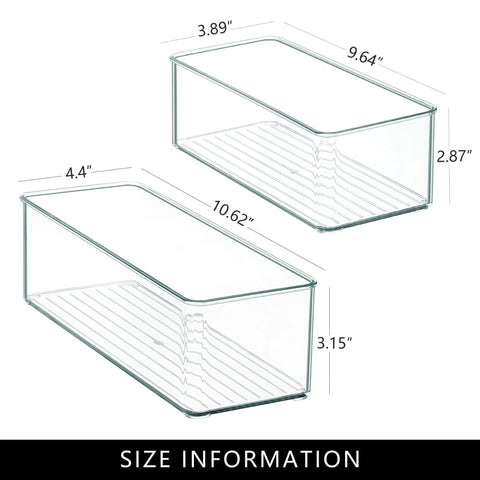 Size dimensions of 8 Pack Deep Drawer Organizers For Kitchens Closets And Bathrooms Super Solid Storage Bins in clear plastic.