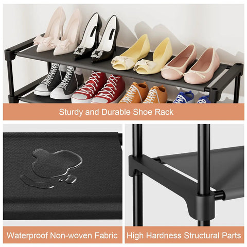 Wide 32.3 Inch 3 Tier Shoe Rack with nonwoven fabric shelves and metal frame, holding multiple pairs of shoes for entryway and bedroom.