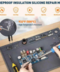 Helping Hands Soldering Station With Silicone Mat featuring a PCB board on a heat-resistant surface, ideal for precise electronics repair.