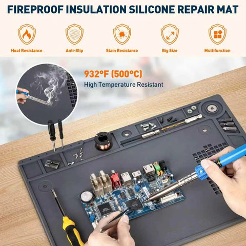 Helping Hands Soldering Station With Silicone Mat featuring a PCB board on a heat-resistant surface, ideal for precise electronics repair.