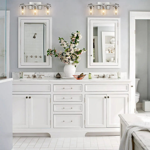 Three Light Vanity Lights In Brushed Copper Over Mirror With Clear Glass Shades For Bathroom Renovation Modern Farmhouse Rustic Chic Glow