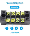 Five Sets Of Four-Position Dual-Row Screw Terminal Blocks, 600V 15A, Heavy Duty Strip With Barrier Jumpers, Includes Ten Jumpers In Black And Red, Perfect For Pro Electronics Projects And DIY Power Distribution Gear, 4-position black terminal block
