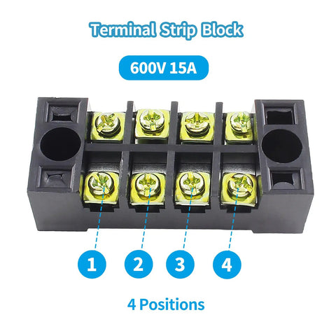 Five Sets Of Four-Position Dual-Row Screw Terminal Blocks, 600V 15A, Heavy Duty Strip With Barrier Jumpers, Includes Ten Jumpers In Black And Red, Perfect For Pro Electronics Projects And DIY Power Distribution Gear, 4-position black terminal block