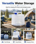 Two 2.6 Gallon Collapsible Water Container With Leak Proof Spigot For Camping And Outdoor Adventures showcased on a wooden table.