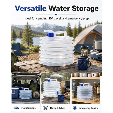 Two 2.6 Gallon Collapsible Water Container With Leak Proof Spigot For Camping And Outdoor Adventures showcased on a wooden table.