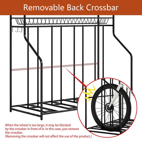 4 Bike Stand Slick Garage Organizer With 3 Tier Storage Rack removable back crossbar detail for tire fit
