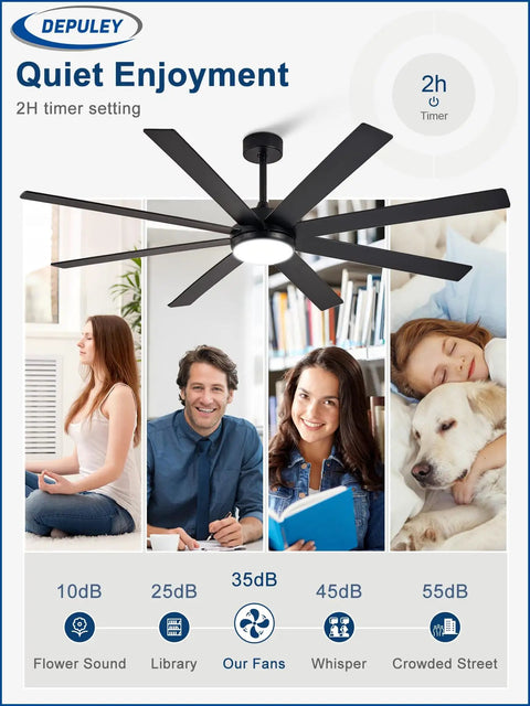 66 Inch Black Ceiling Fan With Lights For Indoor Outdoor Spaces Slick Remote And App Control, quiet DC motor illustration.