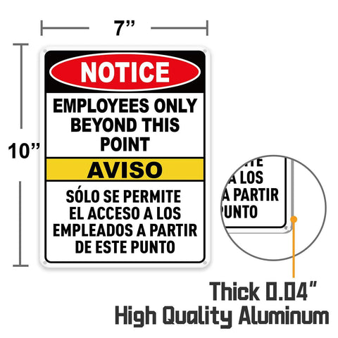 Employees Only Beyond This Point Sign Bilingual No Customers Allowed In Work Area Door Sign 10x7 Inch Aluminum Reflective Rust Free
