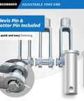 Beefy 5/8-18 Adjustable Yoke End With Galvanized Threaded Clevis, Pins Included, Built For Heavy Duty Lifting And Rigging, Corrosion Resistant Hot Dip Galvanized Steel showing clevis and cotter pins.