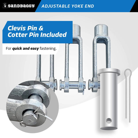 Beefy 5/8-18 Adjustable Yoke End With Galvanized Threaded Clevis, Pins Included, Built For Heavy Duty Lifting And Rigging, Corrosion Resistant Hot Dip Galvanized Steel showing clevis and cotter pins.