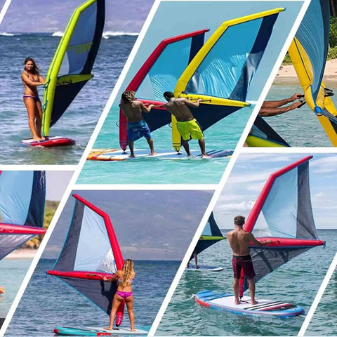 People using 4.2 Sq M Inflatable Surfing Wing for Windsurf Foil Sailing, showing Oxford cloth and PVC construction.