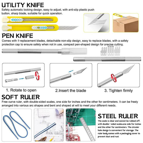 Utility and pen knives with sandpaper from the 85 Piece Model Tools Kit For Hobbyists And Beginners The Complete DIY Modeling Tool Set.