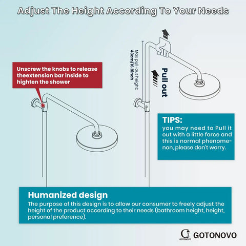 Diagram showing adjustment of Exposed Wall Mount Shower Faucet Set With 8 Inch Rain Showerhead Brass Handheld Spray Double Cross Handles