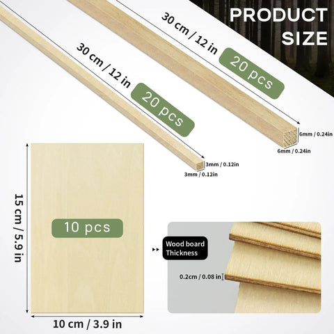 Unfinished Balsa Wood Sheets And Dowel Rods Craft Kit Handy Easy To Cut Basswood Strips And Sticks For DIY Projects 50 Pieces Of Versatile Wood Craft Supplies For Beginners To Pro Makers. Image shows product dimensions and quantity.