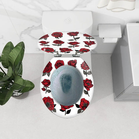 Toilet Seat Round Resin for Bathroom with red rose design, top view on white toilet, measures 14.5" x 16.5".