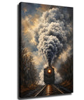 Steam Train On Tracks Canvas Wall Art For Living Room Or Office Decor Ready To Hang Framed 12 By 18 Inch With Dramatic Smoky Locomotive Painting And Vintage Railway Charm For A Retro Vibe.