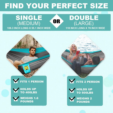Comparison of single and double Versatile Camping Hammock For One Or Two Portable And Lightweight Includes Two Tree Straps And Built In Carry Bag Totally Great For Outdoor Indoor Beach And Camping Supports Up To 400 Lbs Easy Setup And Tree Friendly Straps