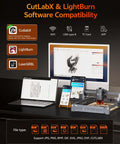 Desktop laser engraver, 10W, 7.9 x 11.8 in work area, gray frame with orange accents on a desk