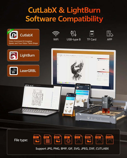 Desktop laser engraver, 10W, 7.9 x 11.8 in work area, gray frame with orange accents on a desk