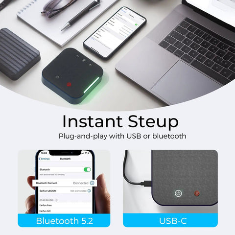 Portable Conference Speaker And Microphone With 360 Degree Voice Pickup USB C And Bluetooth Speakerphone setup options