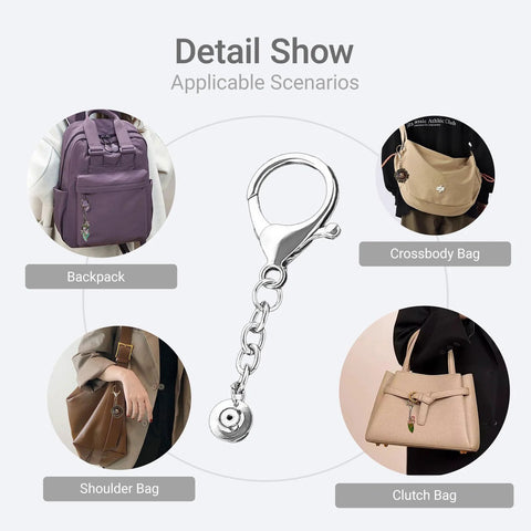 Six-piece silver pin-display keychain converter with lobster clasp and round charm for attaching enamel pins to bags.