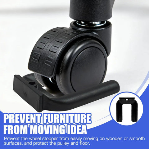 Close-up of black 5 Pack Wheel Stopper For Rolling Furniture Rubber Non Slip installed under caster wheel on a smooth floor.