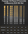 Faqeegi 10-piece 6-inch masonry drill bit set with carbide-tipped, yellow-coated bits and hex shanks; sizes 5/32–1/2 in.