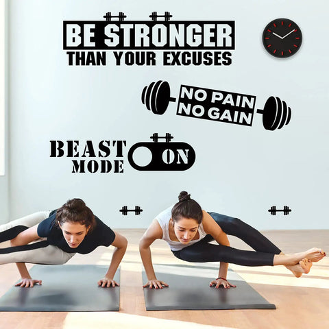 Women exercising with Three Piece Gym Wall Decal Be Stronger Than Your Excuses No Pain No Gain Beast Mode Inspirational Quotes Vinyl Wall Art