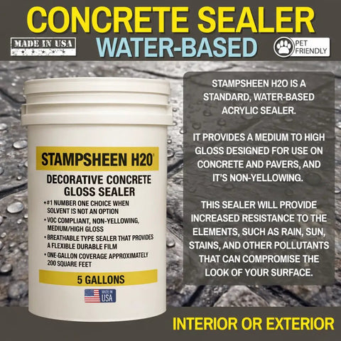 Heavy Duty Water Based Acrylic Concrete Sealer Featuring Dang Solid Medium Gloss And Low Voc Formula For Driveways And Patios Non Yellowing Indoor Outdoor Masonry Coating Easy Apply Five Gallon Tub with water resistant sealant.