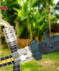 Solid Brass Five Eighths Inch Garden Hose Repair Kit With Spring Guard connected to outdoor faucet