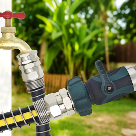 Solid Brass Five Eighths Inch Garden Hose Repair Kit With Spring Guard connected to outdoor faucet