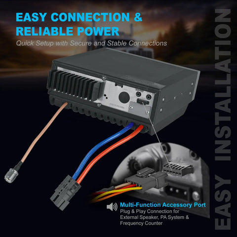 Beefy 10 Meter Ham Radio Transmitter With 300W PEP Output showing multi-function accessory port and installation setup.