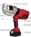 Reliable Electric Crimping Tool With 360 Degree Swivel Jaw And Powerful 18 Volt Battery, side view with indicator light and switch.