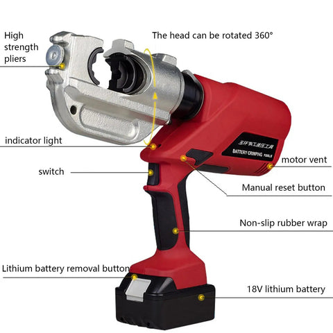 Reliable Electric Crimping Tool With 360 Degree Swivel Jaw And Powerful 18 Volt Battery, side view with indicator light and switch.