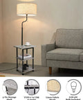 Solid Wood Floor Lamp With USB Type C Port And Outlet, End Table With Shelf, Reading Light With Drum Shade In Grey, next to sofa
