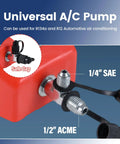Universal A/C Pump showing 1/4" SAE and 1/2" ACME connections for 4.2 Cfm Pneumatic Vacuum Pump Air Operated Evacuation Tool For Automotive Air Conditioner Systems Lightweight Portable Garage Workhorse No Sweat R134a R12 Auto Repair.