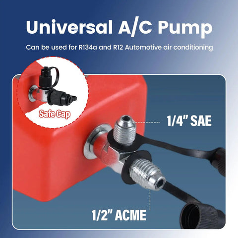 Universal A/C Pump showing 1/4" SAE and 1/2" ACME connections for 4.2 Cfm Pneumatic Vacuum Pump Air Operated Evacuation Tool For Automotive Air Conditioner Systems Lightweight Portable Garage Workhorse No Sweat R134a R12 Auto Repair.