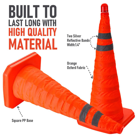 Four Pack 28 Inch Collapsible LED Light Traffic Cones With Reflective Safety Pop Up Design Battery Included For Roadwork Parking Events Durable Waterproof Orange Cones showing reflective bands and square base