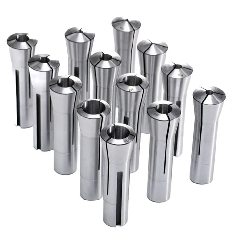 R8 Collet Set, 13-Piece From 1/8 Inch To 7/8 Inch, Hardened Carbon Steel, Precision 0.0018 Inch TIR, 7/16-20 Thread