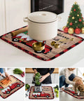 Festive Christmas Dish Drying Mat With Gnomes And Pine Trees For Kitchen Counter Absorbent Microfiber Pad 16 By 18 Inches Machine Washable Cozy Holiday Design With Snowflake Red Truck Wood Grain, featuring a pot on a kitchen countertop.