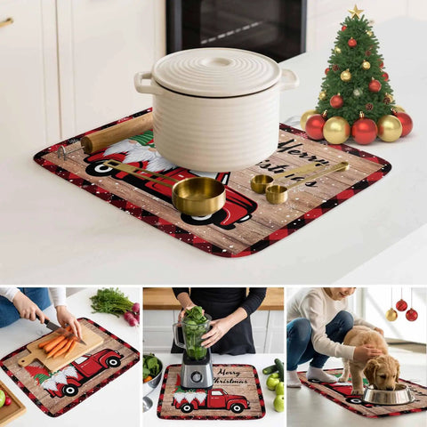 Festive Christmas Dish Drying Mat With Gnomes And Pine Trees For Kitchen Counter Absorbent Microfiber Pad 16 By 18 Inches Machine Washable Cozy Holiday Design With Snowflake Red Truck Wood Grain, featuring a pot on a kitchen countertop.