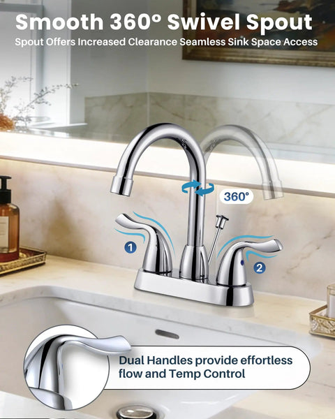 Two-Handle Chrome 4-Inch Centerset Bathroom Faucet with 360-Degree Rotating Spout on Vanity Sink