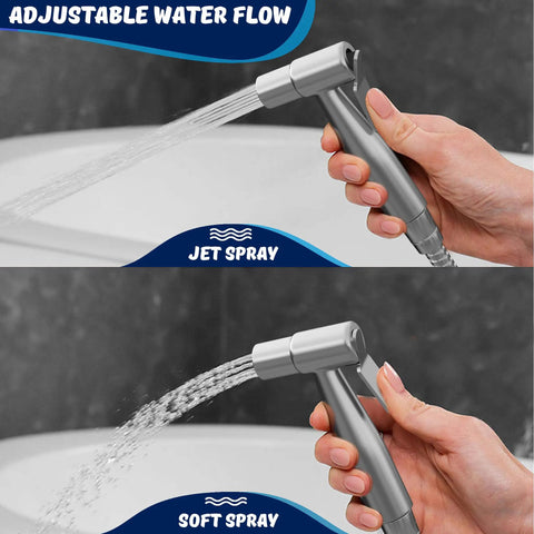 Handheld Bidet Sprayer For Toilet And Sink Faucet Attachment With 80 Inch Hose showing jet and soft spray modes