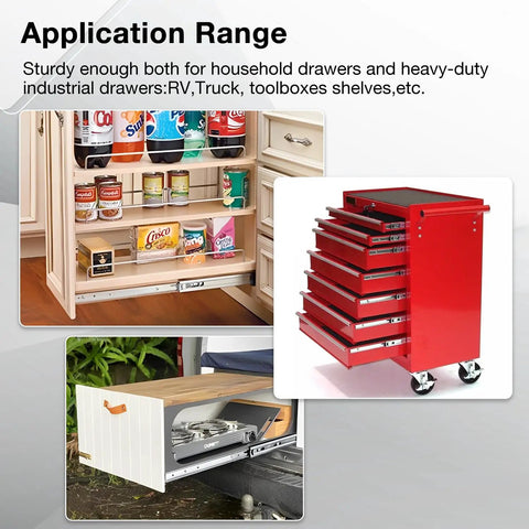 Heavy Duty Full Extension Drawer Slides 12 To 40 Inch Side Mount Rails Beefy Ball Bearing Runners Built To Last 136 Lb Capacity Durable Steel Construction For Cabinets Chests And Tool Drawers in kitchen and tool cabinet applications.